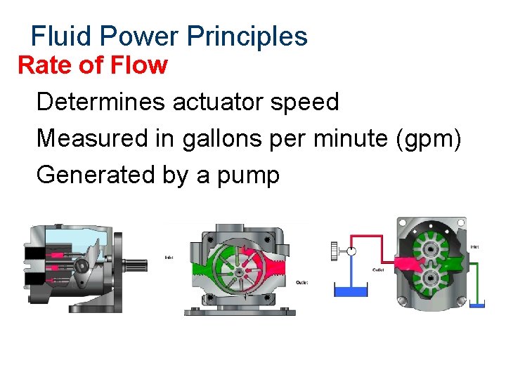 Fluid Power Principles Rate of Flow Determines actuator speed Measured in gallons per minute