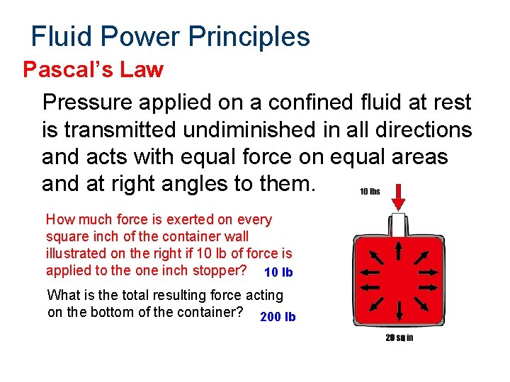 Fluid Power Principles Pascal’s Law Pressure applied on a confined fluid at rest is