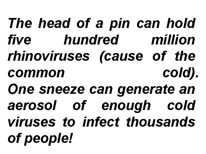 The head of a pin can hold five hundred million rhinoviruses (cause of the