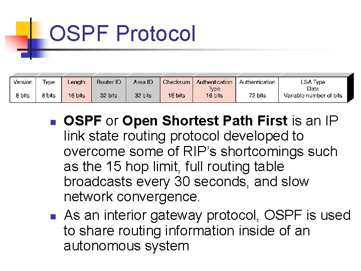 OSPF Protocol n n OSPF or Open Shortest Path First is an IP link