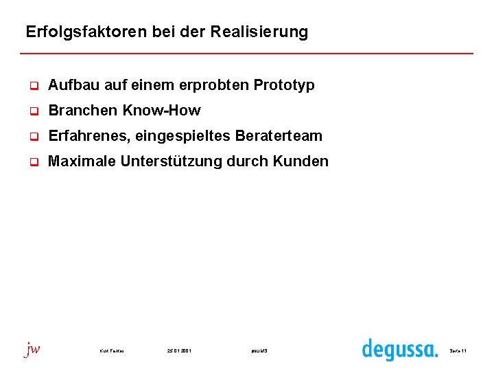 Erfolgsfaktoren bei der Realisierung q Aufbau auf einem erprobten Prototyp q Branchen Know-How q