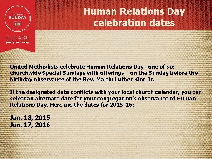 Human Relations Day celebration dates United Methodists celebrate Human Relations Day—one of six churchwide