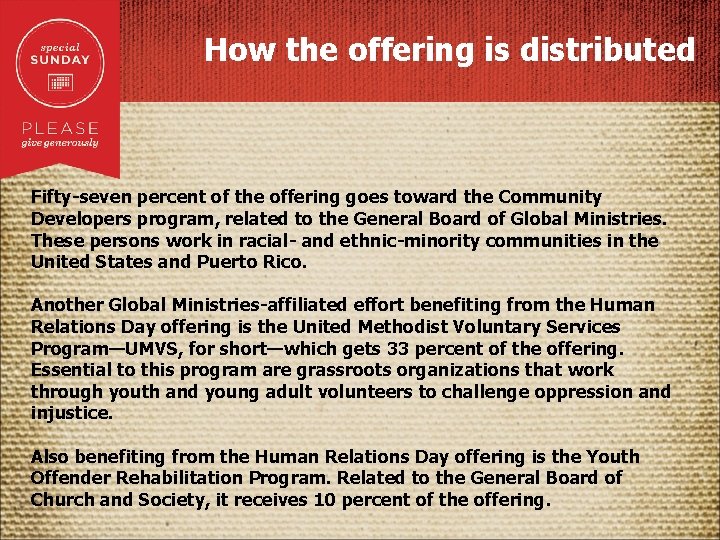 How the offering is distributed Fifty-seven percent of the offering goes toward the Community