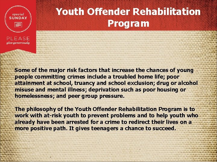 Youth Offender Rehabilitation Program Some of the major risk factors that increase the chances