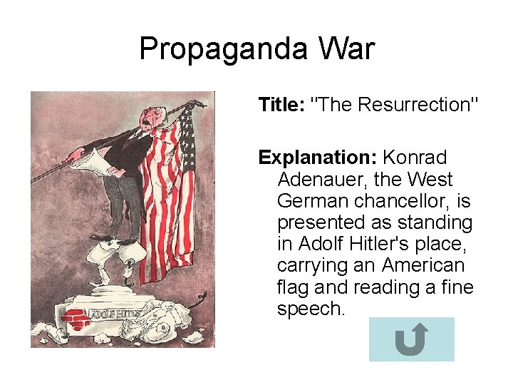 Propaganda War Title: "The Resurrection" Explanation: Konrad Adenauer, the West German chancellor, is presented Propaganda War Title: "The Resurrection" Explanation: Konrad Adenauer, the West German chancellor, is presented
