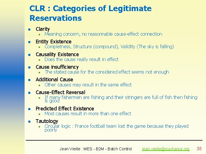 CLR : Categories of Legitimate Reservations n Clarity l n Entity Existence l n