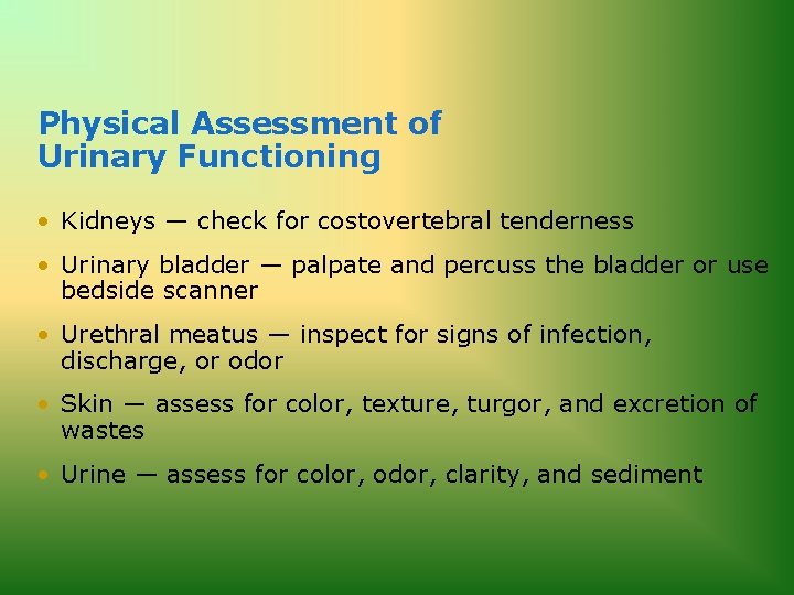 Physical Assessment of Urinary Functioning • Kidneys — check for costovertebral tenderness • Urinary