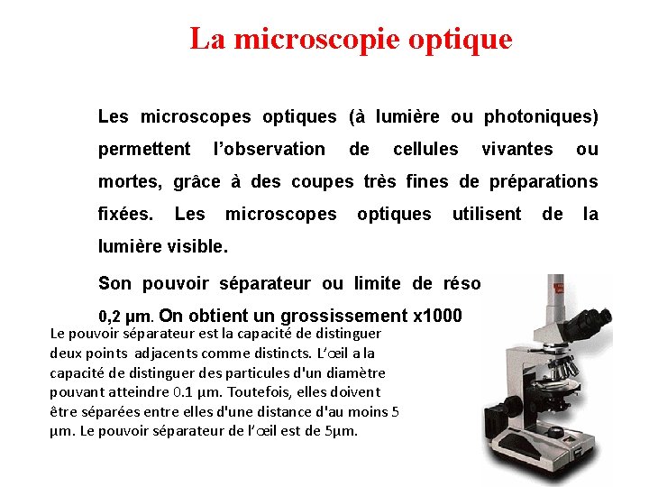 La microscopie optique Les microscopes optiques (à lumière ou photoniques) permettent l’observation de cellules