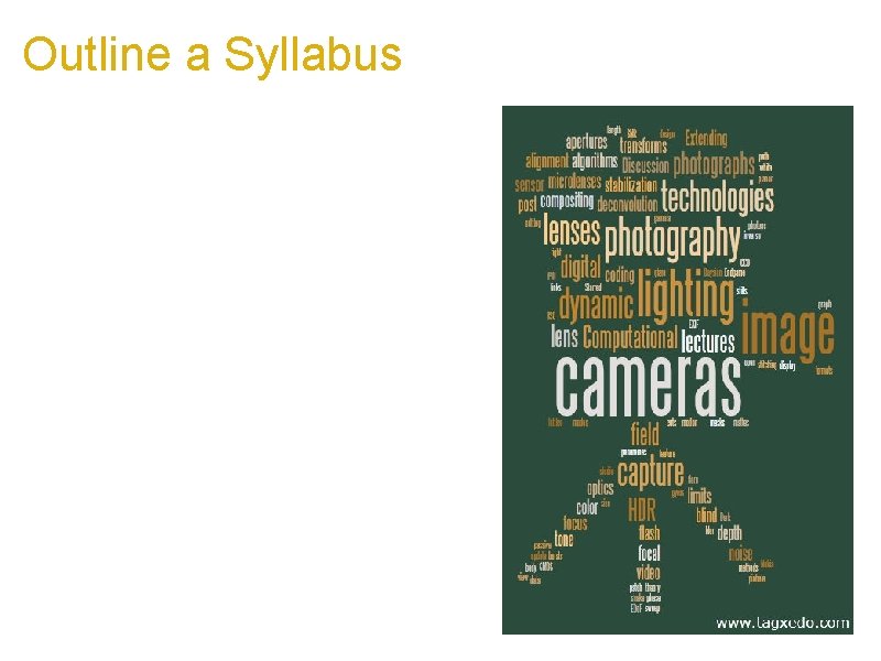 Outline a Syllabus a. What text to use a. The Syllabus b. Actual course