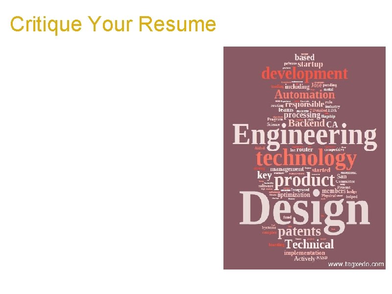 Critique Your Resume a. See from a different perspective b. Get instant feedback on