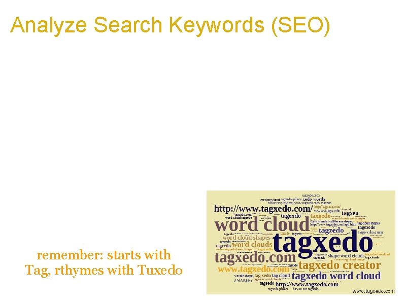 Analyze Search Keywords (SEO) a. Take your Google Analytics search keywords, and massage the