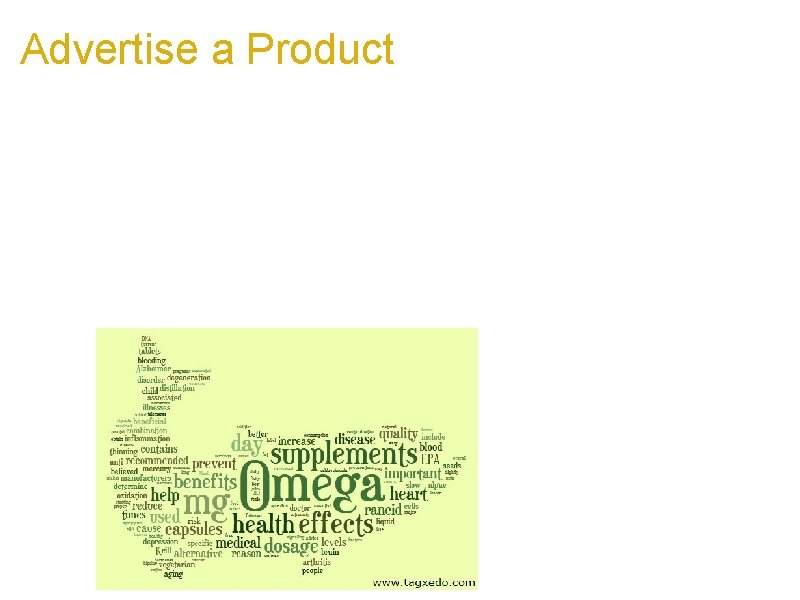 Advertise a Product a. Make an ad using Tagxedo a. Eye catching, refreshing b.