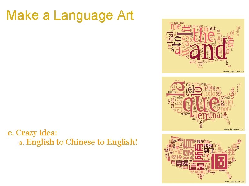 Make a Language Art a. Make multiple Tagxedoes of a famous literature a. Original