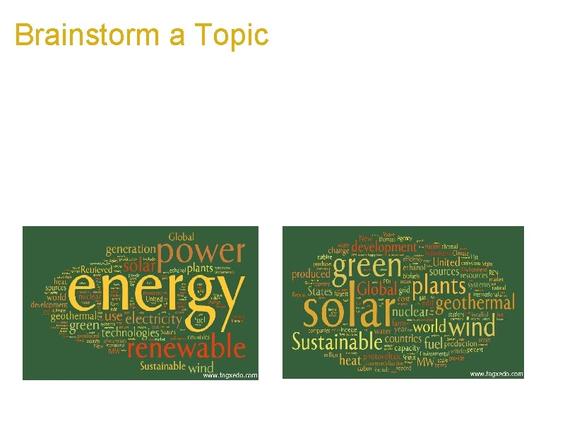 Brainstorm a Topic a. Use Tagxedo as a brainstorming tool a. School - class