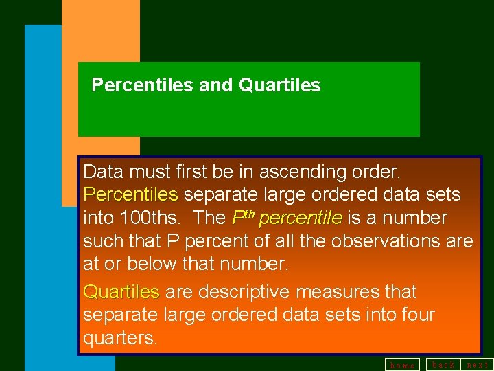 Percentiles and Quartiles Data must first be in ascending order. Percentiles separate large ordered