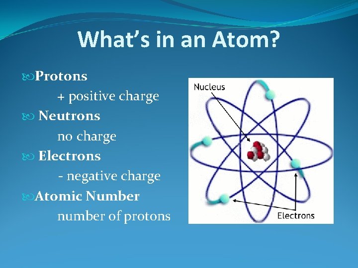 What’s in an Atom? Protons + positive charge Neutrons no charge Electrons - negative