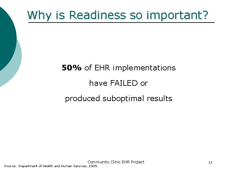 Why is Readiness so important? 50% of EHR implementations have FAILED or produced suboptimal