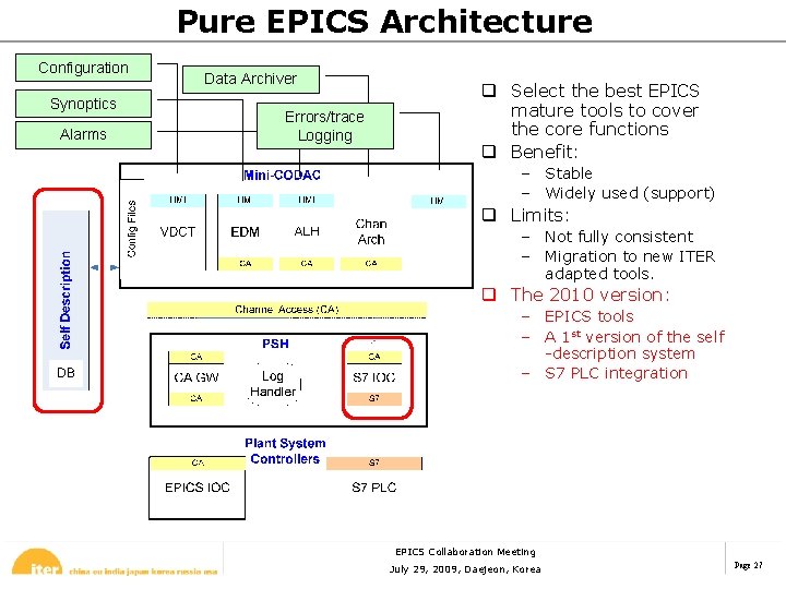 Pure EPICS Architecture Configuration Synoptics Alarms Data Archiver Errors/trace Logging q Select the best