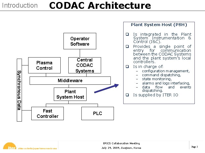 Introduction CODAC Architecture Plant System Host (PSH) q Is integrated in the Plant System