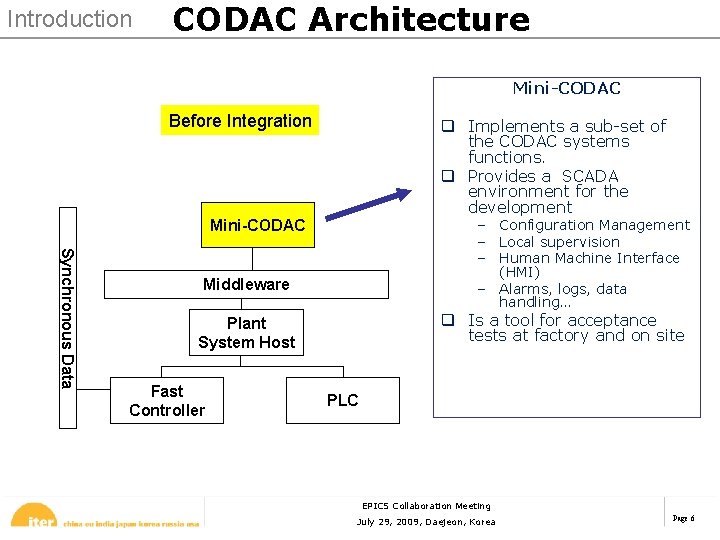 Introduction CODAC Architecture Mini-CODAC Before Integration q Implements a sub-set of the CODAC systems
