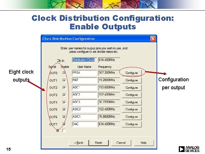 Clock Distribution Configuration: Enable Outputs Eight clock outputs Configuration per output 15 