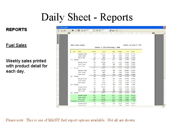 Daily Sheet - Reports REPORTS Fuel Sales Weekly sales printed with product detail for