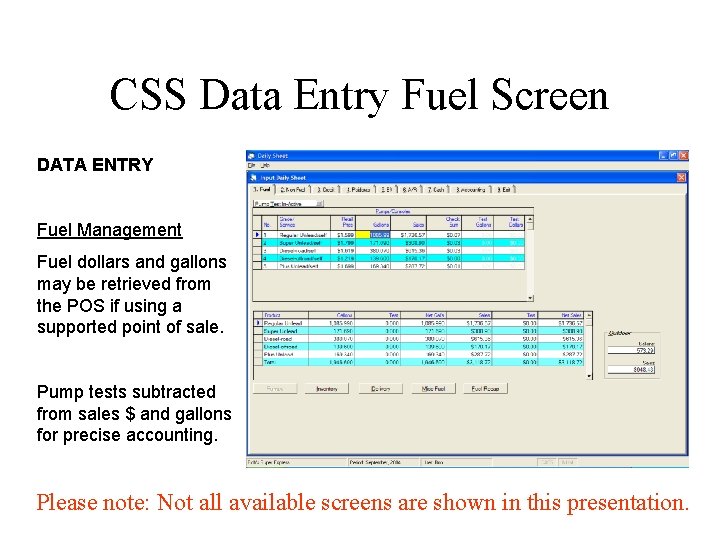 CSS Data Entry Fuel Screen DATA ENTRY Fuel Management Fuel dollars and gallons may