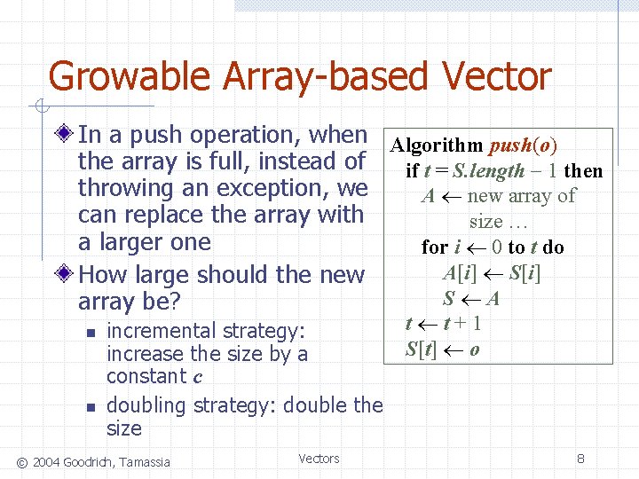 Growable Array-based Vector In a push operation, when Algorithm push(o) the array is full,