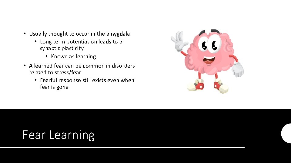 • Usually thought to occur in the amygdala • Long term potentiation leads • Usually thought to occur in the amygdala • Long term potentiation leads