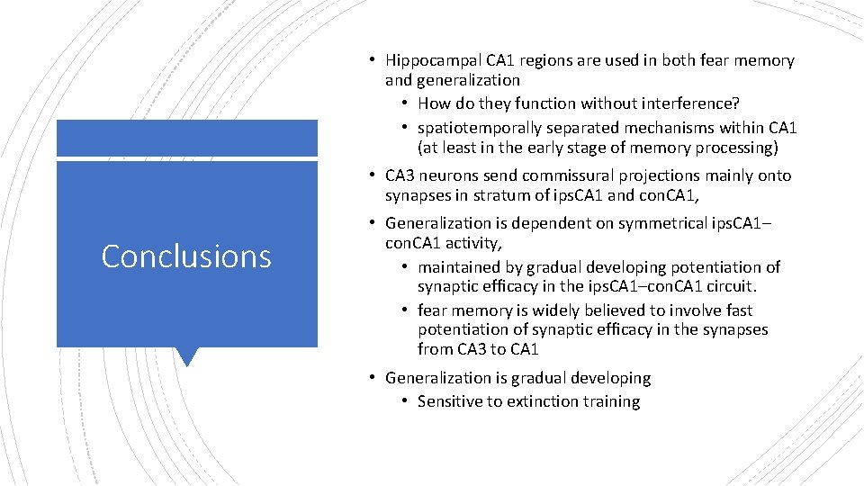 • Hippocampal CA 1 regions are used in both fear memory and generalization • Hippocampal CA 1 regions are used in both fear memory and generalization