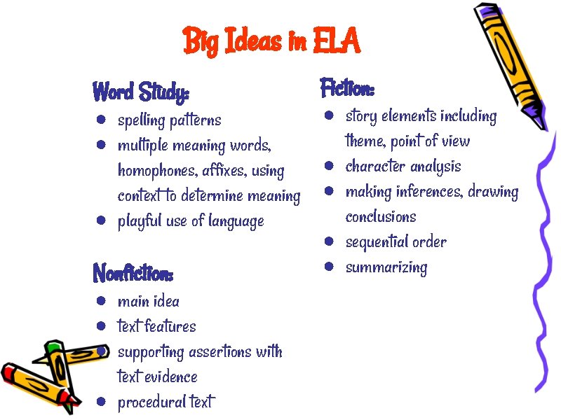 Big Ideas in ELA Word Study: ● spelling patterns ● multiple meaning words, homophones,