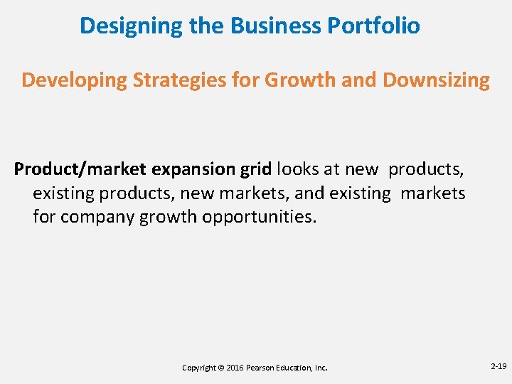 Designing the Business Portfolio Developing Strategies for Growth and Downsizing Product/market expansion grid looks