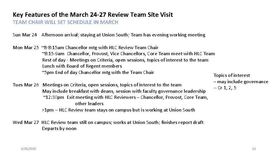 Key Features of the March 24 -27 Review Team Site Visit TEAM CHAIR WILL