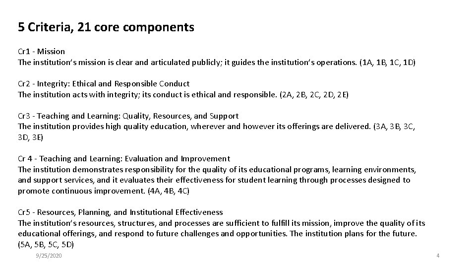 5 Criteria, 21 core components Cr 1 - Mission The institution’s mission is clear