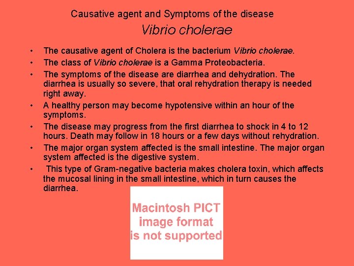 Causative agent and Symptoms of the disease Vibrio cholerae • • The causative agent