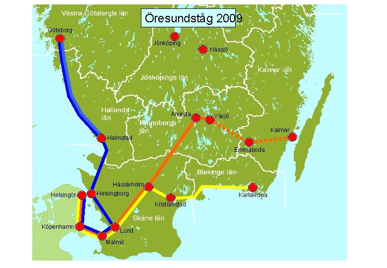 Öresundståg 2009 Göteborg Jönköping Alvesta Nässjö Växjö Kalmar Halmstad Emmaboda Hässleholm Helsingör Helsingborg Karlskrona