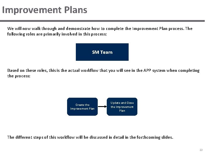 Improvement Plans We will now walk through and demonstrate how to complete the Improvement