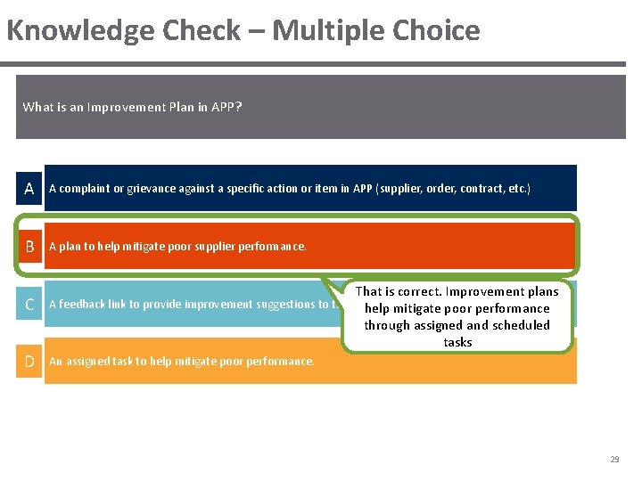 Knowledge Check – Multiple Choice What is an Improvement Plan in APP? A A