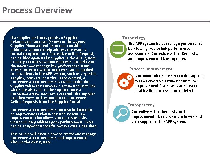 Process Overview If a supplier performs poorly, a Supplier Relationship Manager (SSRM) or the