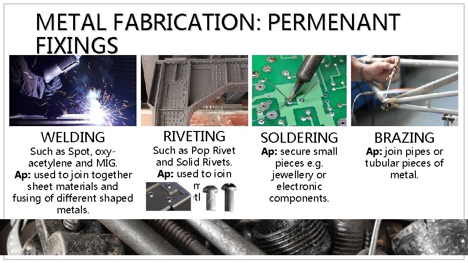 METAL FABRICATION: PERMENANT FIXINGS WELDING Such as Spot, oxyacetylene and MIG. Ap: used to