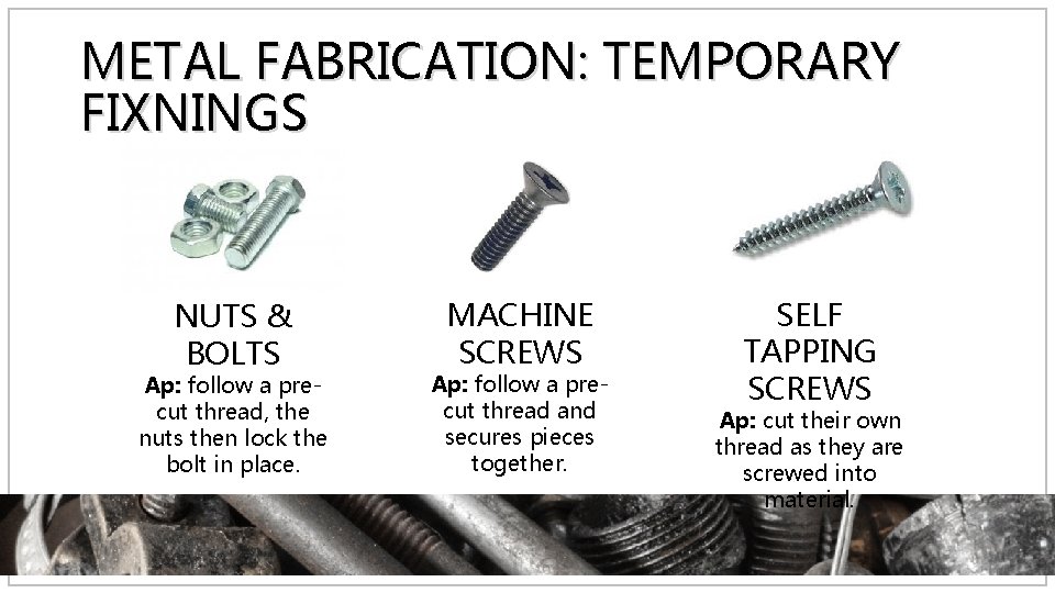 METAL FABRICATION: TEMPORARY FIXNINGS NUTS & BOLTS Ap: follow a precut thread, the nuts