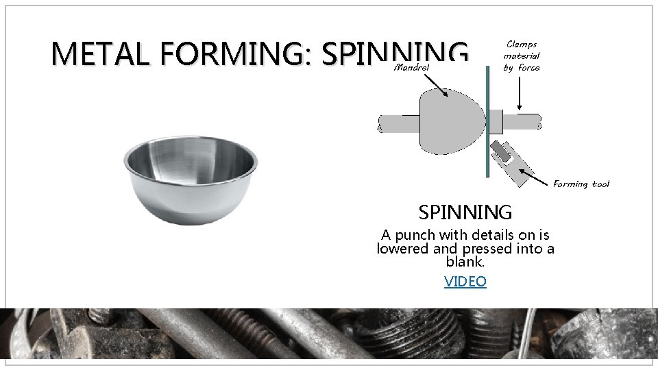 METAL FORMING: SPINNING Mandrel Clamps material by force Forming tool SPINNING A punch with