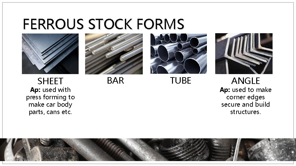 FERROUS STOCK FORMS SHEET Ap: used with press forming to make car body parts,
