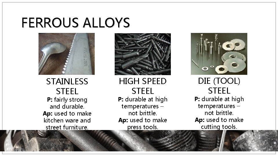 FERROUS ALLOYS STAINLESS STEEL P: fairly strong and durable. Ap: used to make kitchen