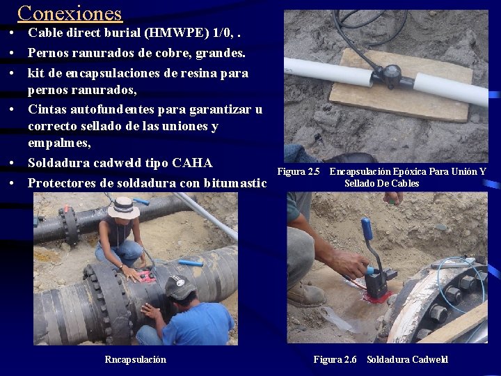 Conexiones • Cable direct burial (HMWPE) 1/0, . • Pernos ranurados de cobre, grandes.