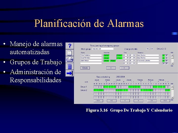Planificación de Alarmas • Manejo de alarmas automatizadas • Grupos de Trabajo • Administración