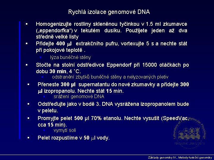 Rychlá izolace genomové DNA § § Homogenizujte rostliny skleněnou tyčinkou v 1. 5 ml