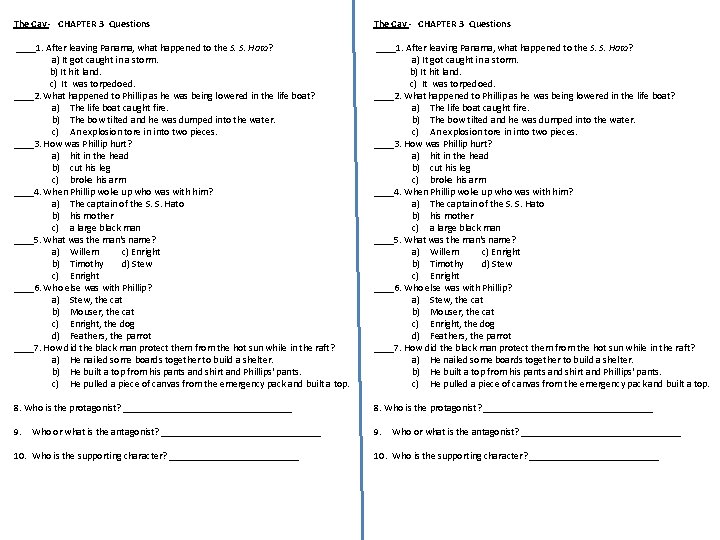 The Cay - CHAPTER 3 Questions ____1. After leaving Panama, what happened to the