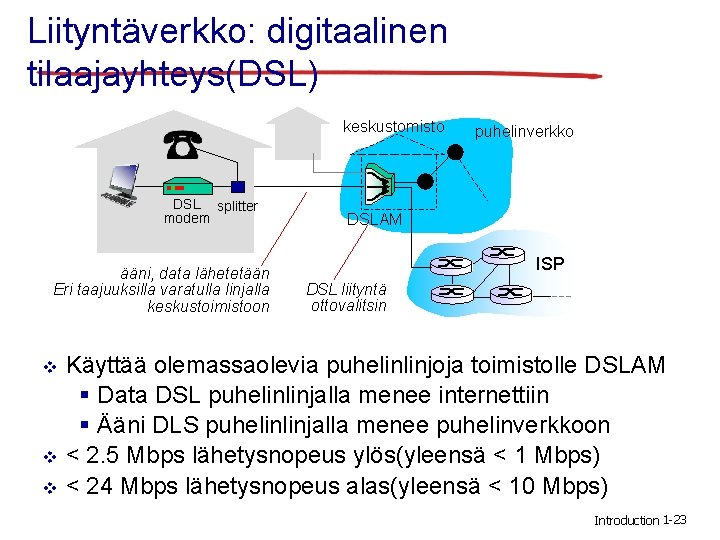 Liityntäverkko: digitaalinen tilaajayhteys(DSL) keskustomisto DSL splitter modem ääni, data lähetetään Eri taajuuksilla varatulla linjalla