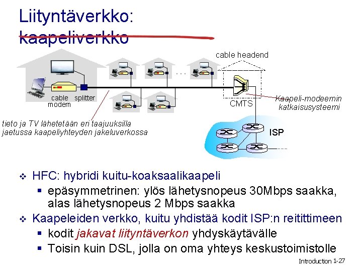 Liityntäverkko: kaapeliverkko cable headend … cable splitter modem tieto ja TV lähetetään eri taajuuksilla